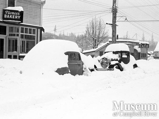 The Pioneer Bakery after a snowstorm
