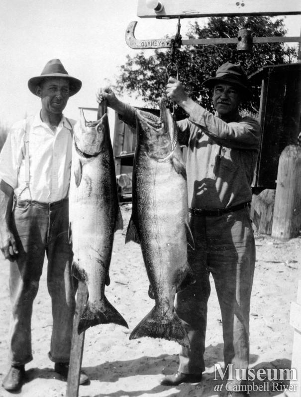 Herbert Pidcock with unknown man and salmon