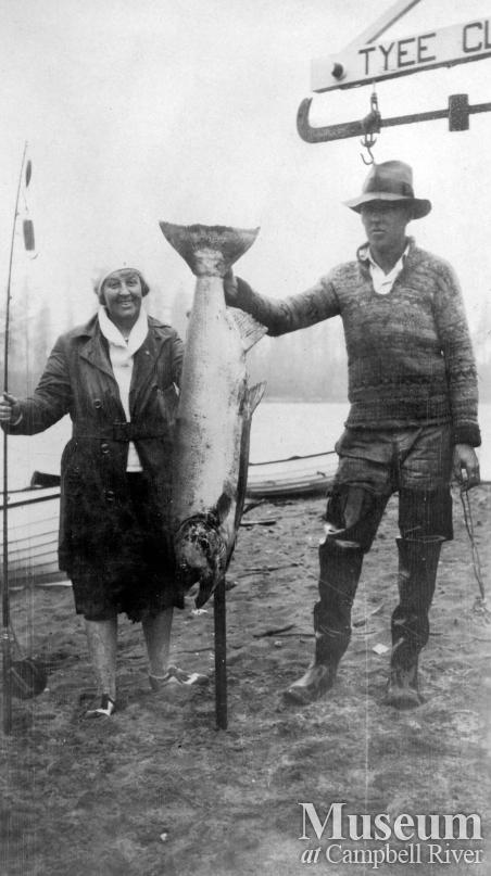 Unidentified couple with salmon at the Tyee Club
