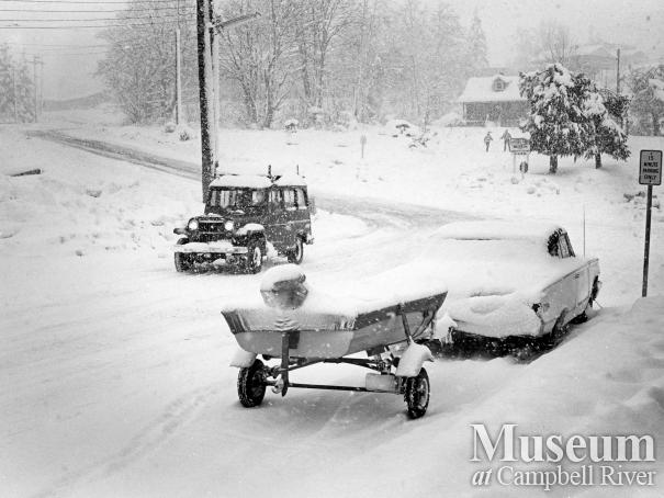Winter scene at the corner of St. Ann's and Alder St., Campbell River