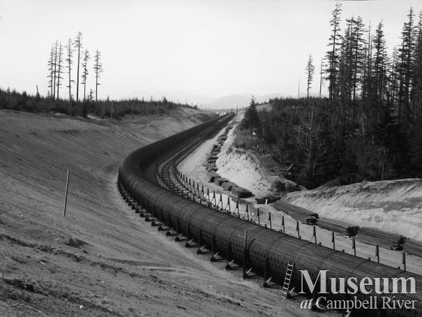View of the wood stave penstocks leading from John Hart Dam