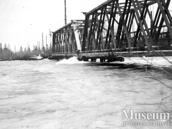 Bridge over the Campbell River during flood, 1934