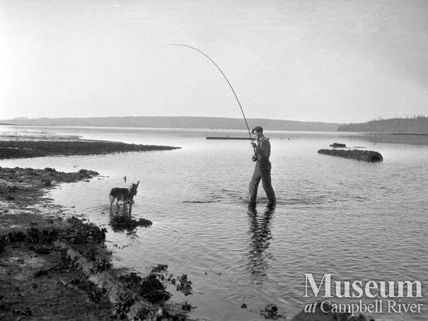 Roderick Haig-Brown fishing at the mouth of the Campbell River